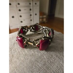 Red Marbled Acrylic Panel Bracelet Vintage Brass 7" Art Nouveau Design